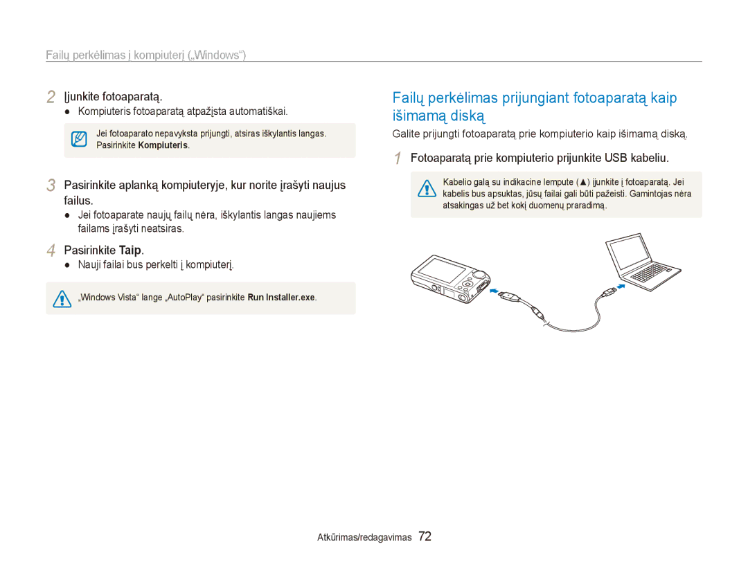 Samsung EC-PL100ZBPSRU, EC-PL100ZBPPRU Failų perkėlimas prijungiant fotoaparatą kaip išimamą diską, Įjunkite fotoaparatą 