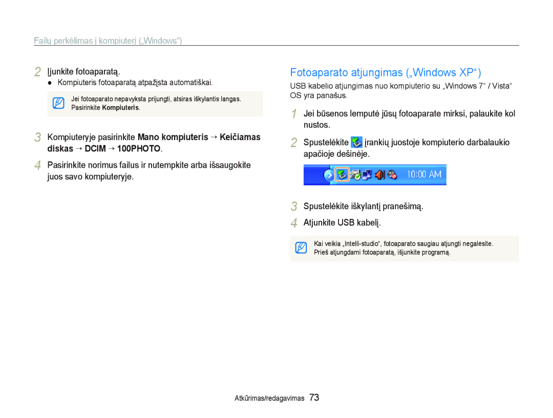 Samsung EC-PL100ZBPBRU Fotoaparato atjungimas „Windows XP, Nustos Spustelėkite, Apačioje dešinėje, Atjunkite USB kabelį 