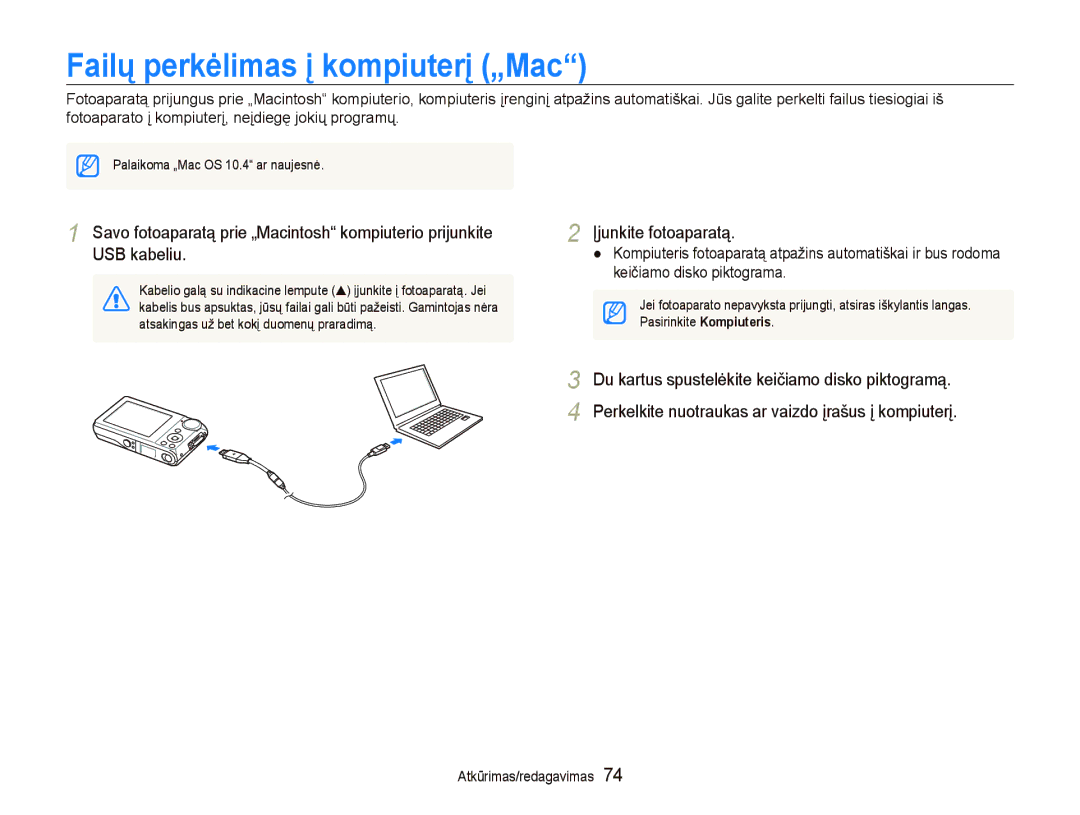 Samsung EC-PL100ZBPPRU, EC-PL100ZBPSRU, EC-PL100ZBPBRU manual Failų perkėlimas į kompiuterį „Mac 