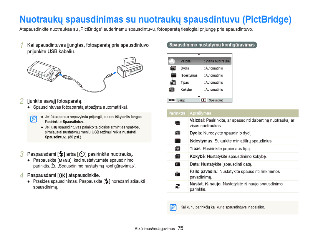 Samsung EC-PL100ZBPSRU, EC-PL100ZBPPRU manual Paspausdami F arba t pasirinkite nuotrauką, Paspausdami o atspausdinkite 