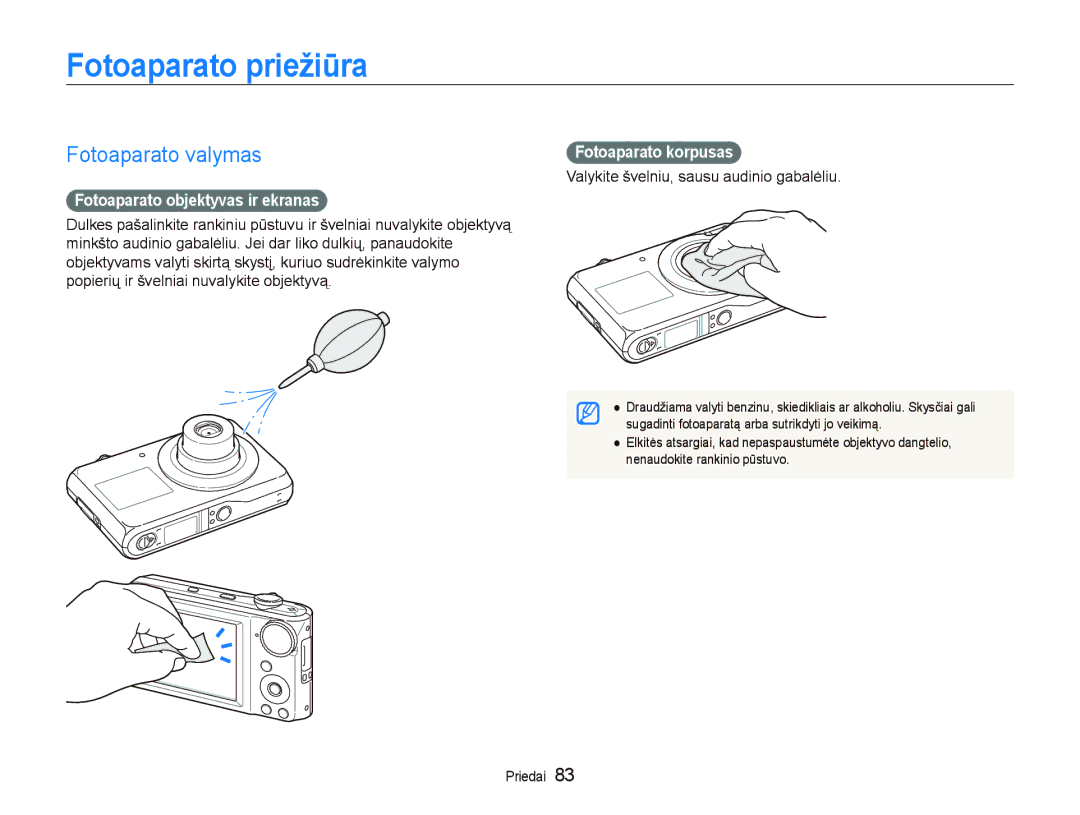 Samsung EC-PL100ZBPPRU Fotoaparato priežiūra, Fotoaparato valymas, Fotoaparato objektyvas ir ekranas, Fotoaparato korpusas 