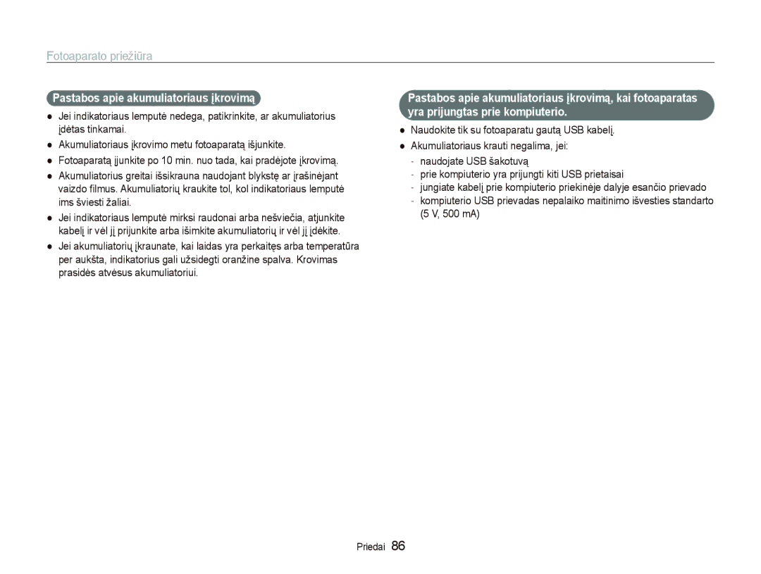 Samsung EC-PL100ZBPPRU, EC-PL100ZBPSRU, EC-PL100ZBPBRU manual Pastabos apie akumuliatoriaus įkrovimą 