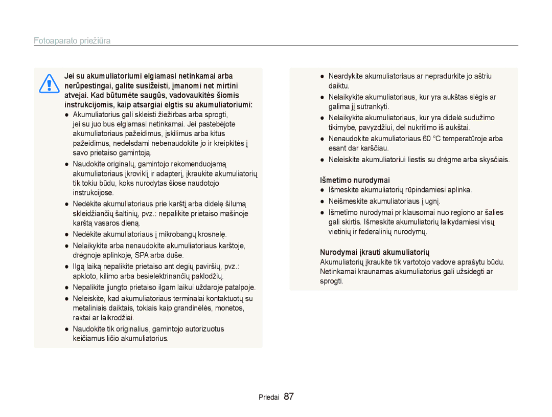 Samsung EC-PL100ZBPSRU, EC-PL100ZBPPRU, EC-PL100ZBPBRU manual Išmetimo nurodymai, Nurodymai įkrauti akumuliatorių 