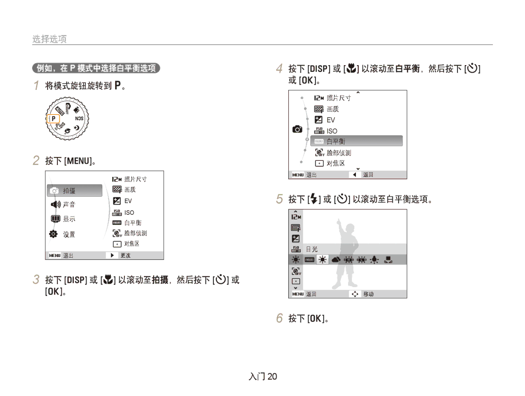 Samsung EC-PL100ZBPPIT 将模式旋钮旋转到 p。 按下 m。, 按下 D 或 M 以滚动至拍摄，然后按下 t 或 按下 D 或 M 以滚动至白平衡，然后按下 t, 按下 F 或 t 以滚动至白平衡选项。 按下 o。 