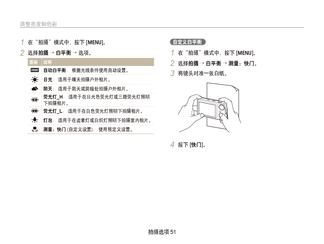 Samsung EC-PL100ZBPSIT manual 在拍摄模式中，按下 m。 2 选择拍摄 → 白平衡 → 选项。, 在拍摄模式中，按下 m。 选择拍摄 → 白平衡 → 测量：快门。 将镜头对准一张白纸。 按下 快门。 拍摄选项 