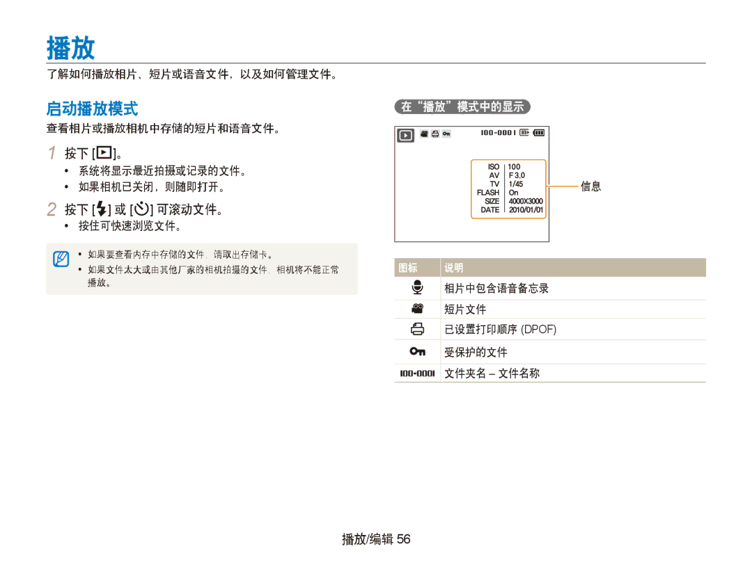 Samsung EC-PL100ZBPSE2, EC-PL100ZBPSE1, EC-PL100ZBPPIT, EC-PL100ZBPSIT, EC-PL100ZBPEIT manual 按下 P。, 按下 F 或 t 可滚动文件。, 播放/编辑 