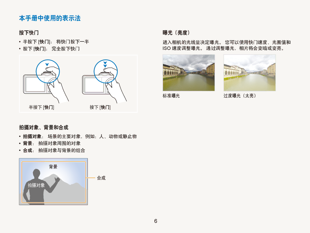 Samsung EC-PL100ZBPSE2 manual 本手册中使用的表示法, 按下快门 曝光（亮度）, 拍摄对象、背景和合成, 拍摄对象： 场景的主要对象，例如：人、动物或静止物 背景： 拍摄对象周围的对象 合成： 拍摄对象与背景的组合 