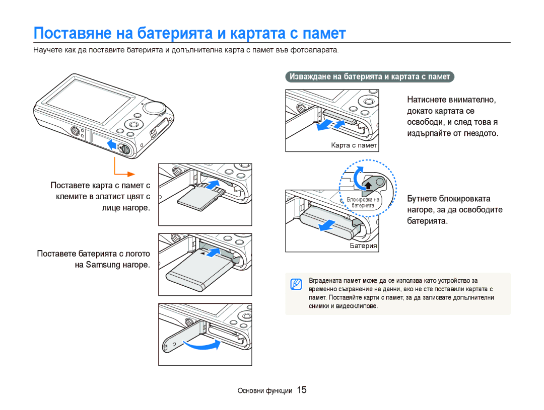 Samsung EC-PL100ZBPSE3, EC-PL100ZBPBE3 Поставяне на батерията и картата с памет, Изваждане на батерията и картата с памет 