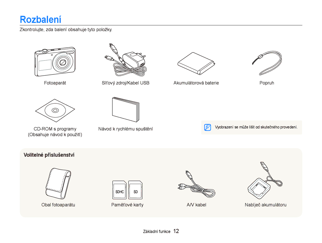 Samsung EC-PL100ZBPBE3, EC-PL100ZBPSE3 manual Rozbalení, Volitelné příslušenství, Obal fotoaparátu Paměťové karty Kabel 