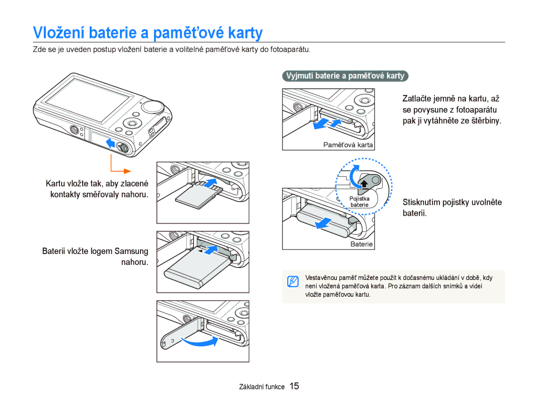 Samsung EC-PL100ZBPSE3, EC-PL100ZBPBE3 manual Vložení baterie a paměťové karty, Baterii, Vyjmutí baterie a paměťové karty 