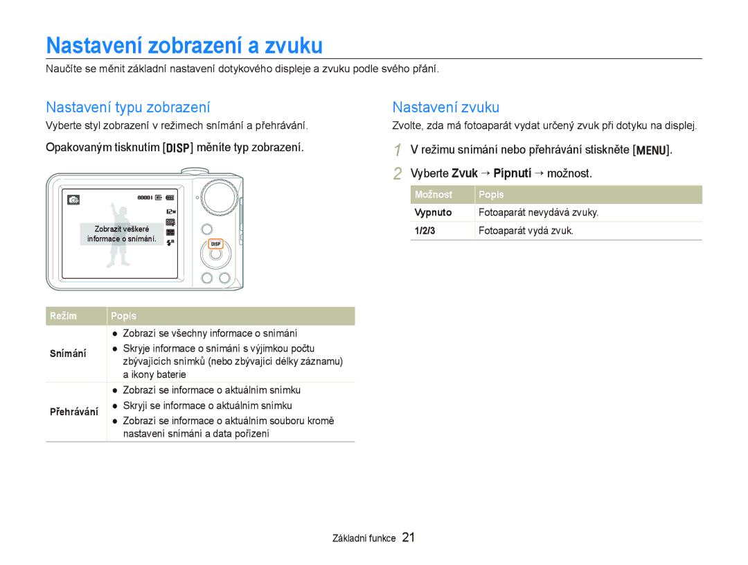 Samsung EC-PL100ZBPSE3, EC-PL100ZBPBE3 manual Nastavení zobrazení a zvuku, Nastavení typu zobrazení, Nastavení zvuku 