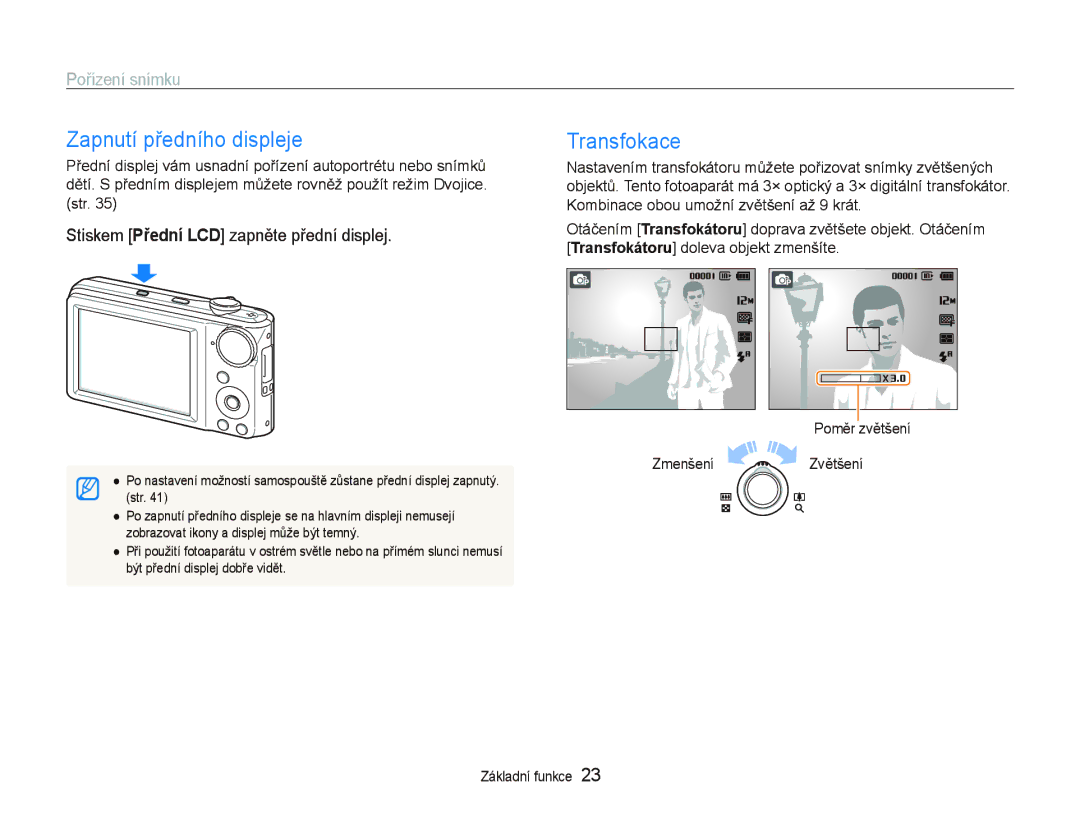 Samsung EC-PL100ZBPSE3, EC-PL100ZBPBE3 Zapnutí předního displeje, Transfokace, Stiskem Přední LCD zapněte přední displej 