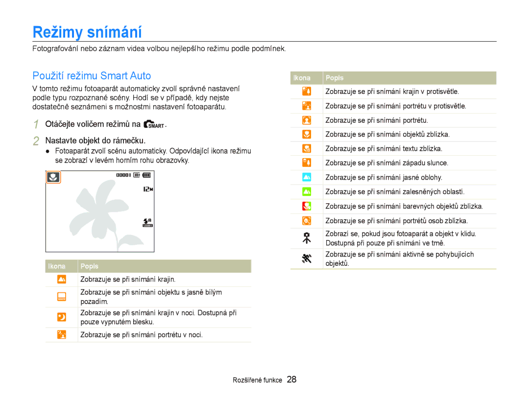 Samsung EC-PL100ZBPBE3 Režimy snímání, Použití režimu Smart Auto, Otáčejte voličem režimů na S, Nastavte objekt do rámečku 
