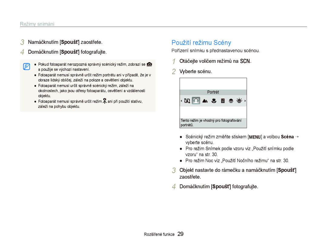 Samsung EC-PL100ZBPSE3, EC-PL100ZBPBE3 manual Použití režimu Scény, Otáčejte voličem režimů na s Vyberte scénu 