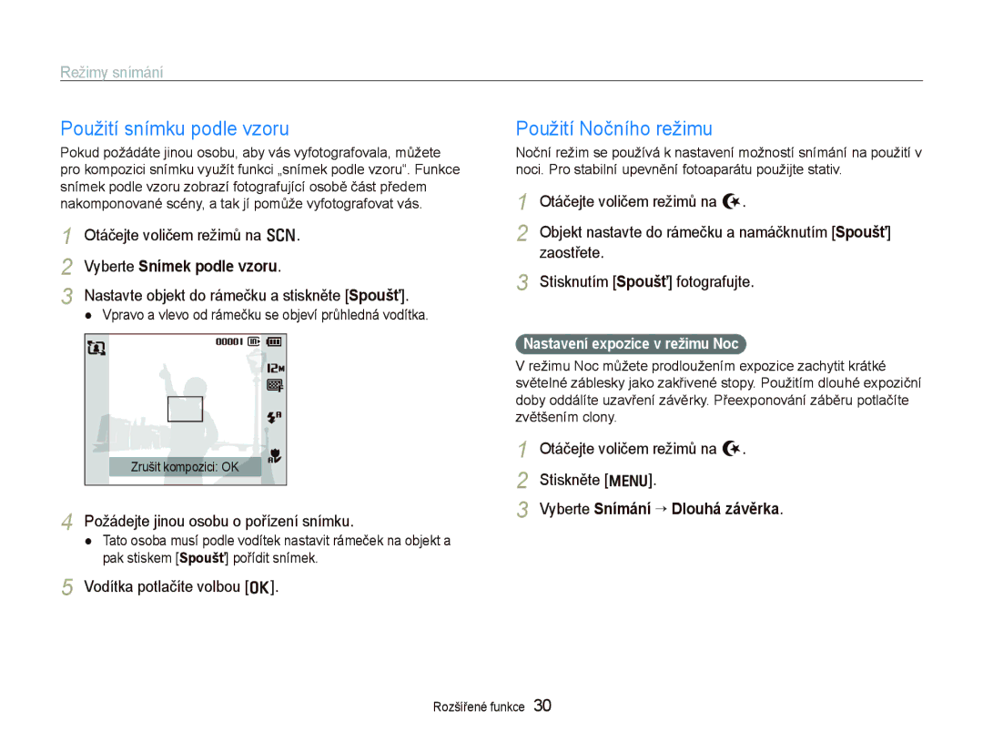 Samsung EC-PL100ZBPBE3, EC-PL100ZBPSE3 manual Použití snímku podle vzoru, Použití Nočního režimu, Vyberte Snímek podle vzoru 