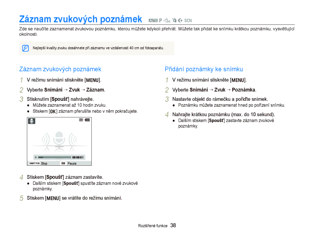 Samsung EC-PL100ZBPBE3, EC-PL100ZBPSE3 manual Záznam zvukových poznámek a p d b N s, Přidání poznámky ke snímku 