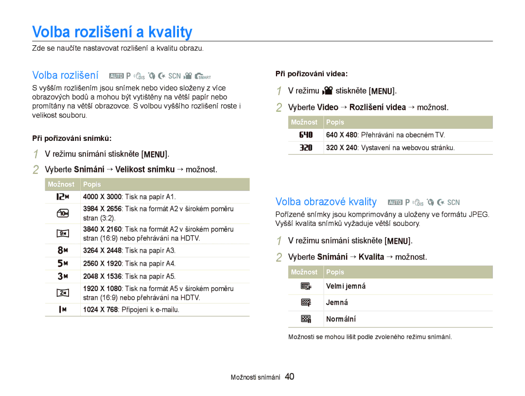 Samsung EC-PL100ZBPBE3 Volba rozlišení a kvality, Volba rozlišení a p d b N s v S, Volba obrazové kvality a p d b N s 