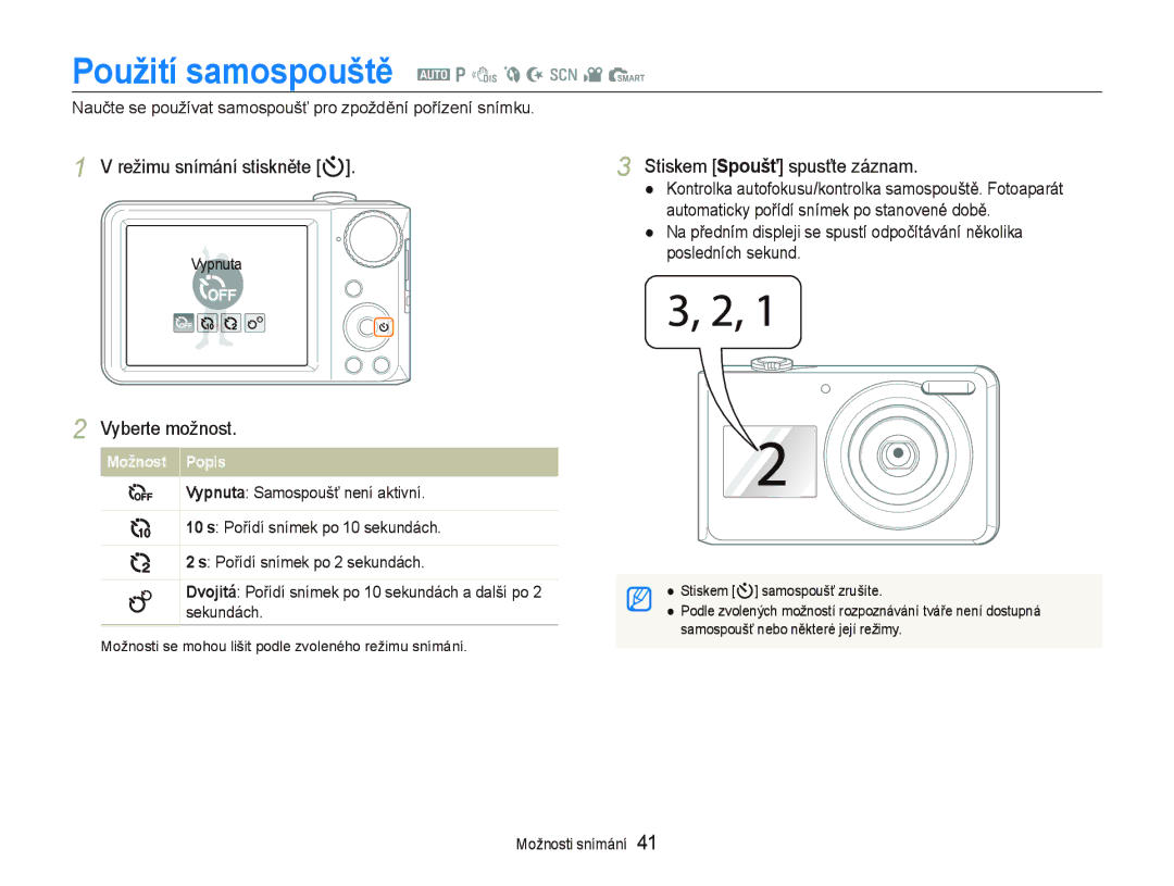 Samsung EC-PL100ZBPSE3 manual Použití samospouště a p d b N s v S, Režimu snímání stiskněte t Stiskem Spoušť spusťte záznam 