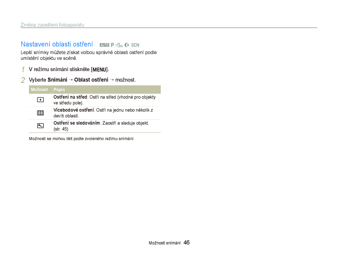 Samsung EC-PL100ZBPBE3, EC-PL100ZBPSE3 Nastavení oblasti ostření a p d N s, Vyberte Snímání “ Oblast ostření “ možnost 