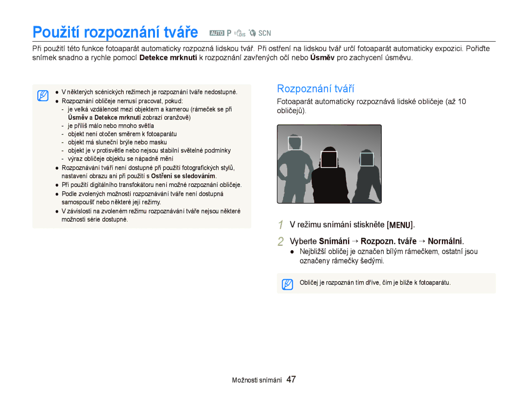 Samsung EC-PL100ZBPSE3, EC-PL100ZBPBE3 manual Použití rozpoznání tváře a p d b s 