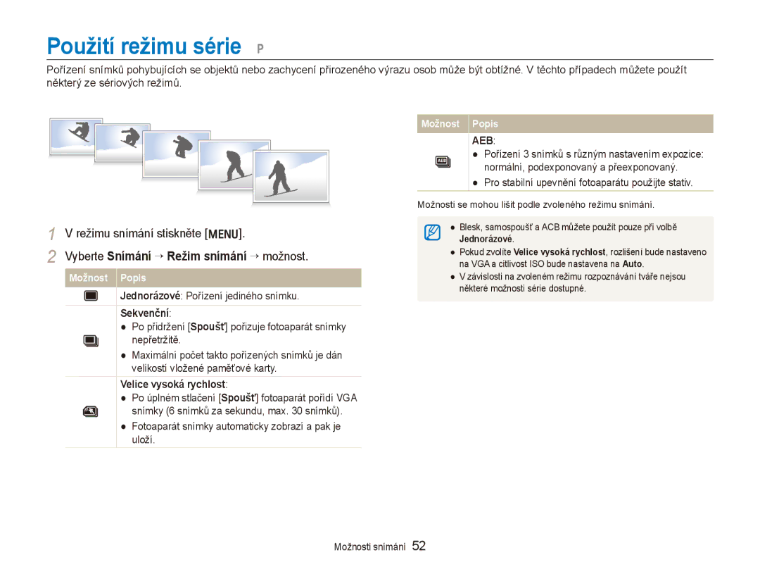 Samsung EC-PL100ZBPBE3, EC-PL100ZBPSE3 manual Použití režimu série p, Vyberte Snímání → Režim snímání → možnost, Sekvenční 