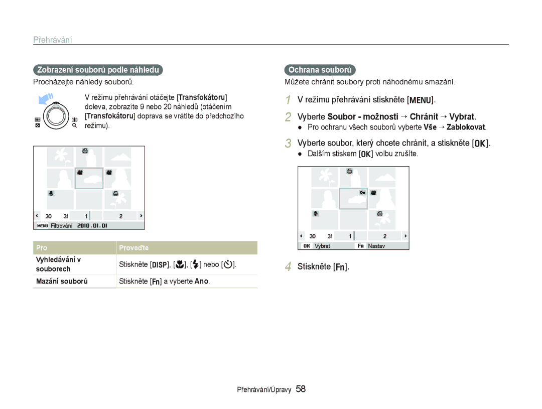 Samsung EC-PL100ZBPBE3 manual Režimu přehrávání stiskněte m, Vyberte Soubor možnosti ““Chránit ““Vybrat, Stiskněte f 