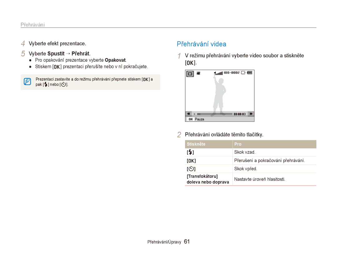 Samsung EC-PL100ZBPSE3, EC-PL100ZBPBE3 manual Přehrávání videa, Vyberte efekt prezentace, Vyberte Spustit → Přehrát 