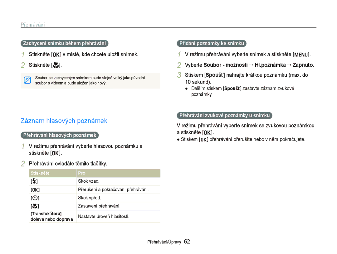 Samsung EC-PL100ZBPBE3 manual Záznam hlasových poznámek, Stiskněte o v místě, kde chcete uložit snímek Stiskněte M 