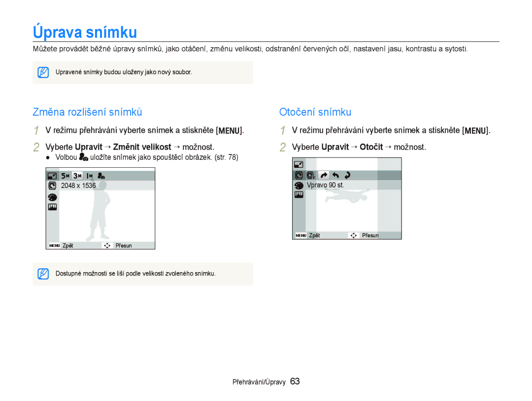 Samsung EC-PL100ZBPSE3, EC-PL100ZBPBE3 manual Úprava snímku, Změna rozlišení snímků, Otočení snímku 