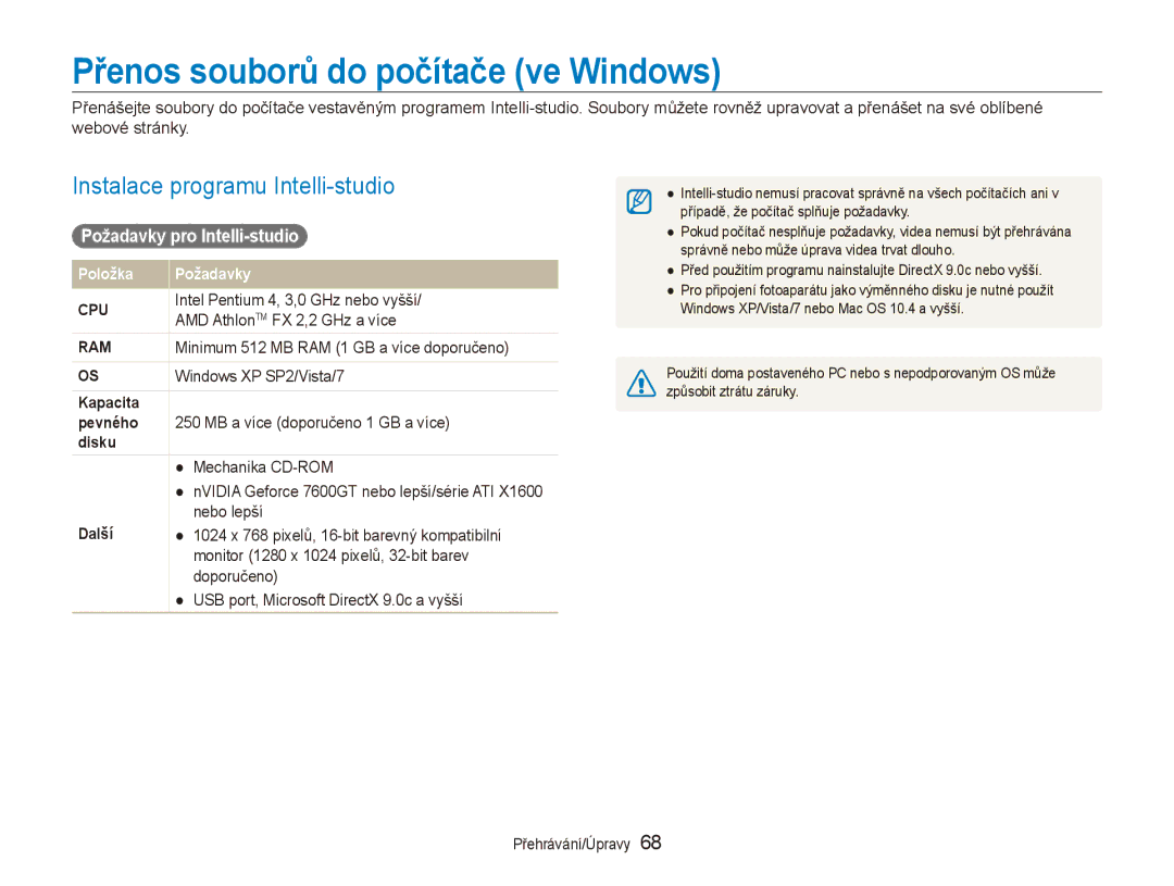 Samsung EC-PL100ZBPBE3, EC-PL100ZBPSE3 manual Přenos souborů do počítače ve Windows, Instalace programu Intelli-studio 