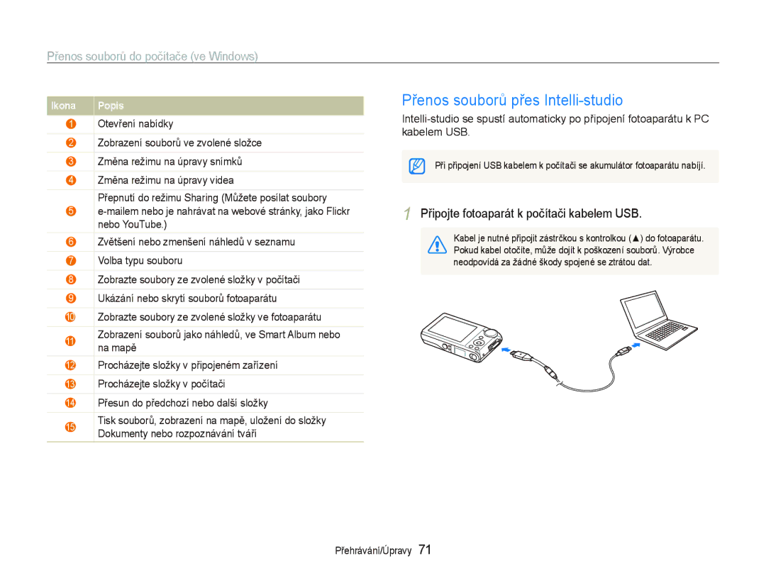 Samsung EC-PL100ZBPSE3, EC-PL100ZBPBE3 manual Přenos souborů přes Intelli-studio, Připojte fotoaparát k počítači kabelem USB 