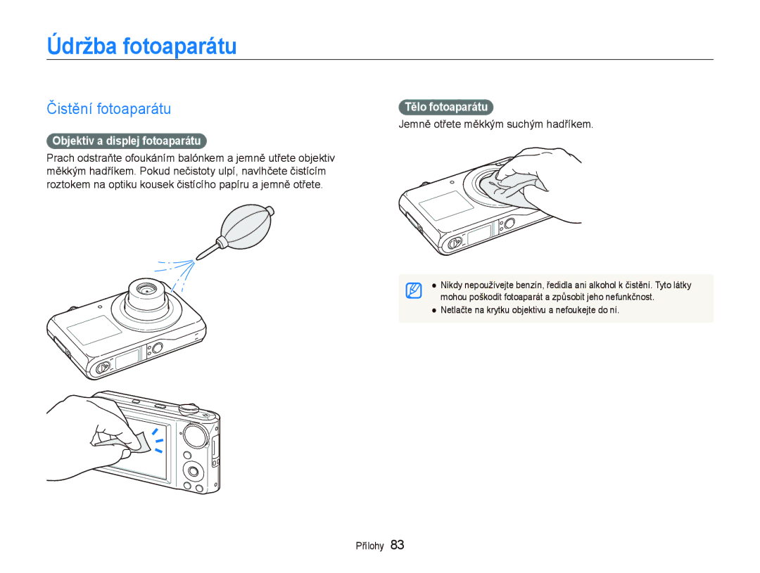 Samsung EC-PL100ZBPSE3 manual Údržba fotoaparátu, Čistění fotoaparátu, Objektiv a displej fotoaparátu, Tělo fotoaparátu 