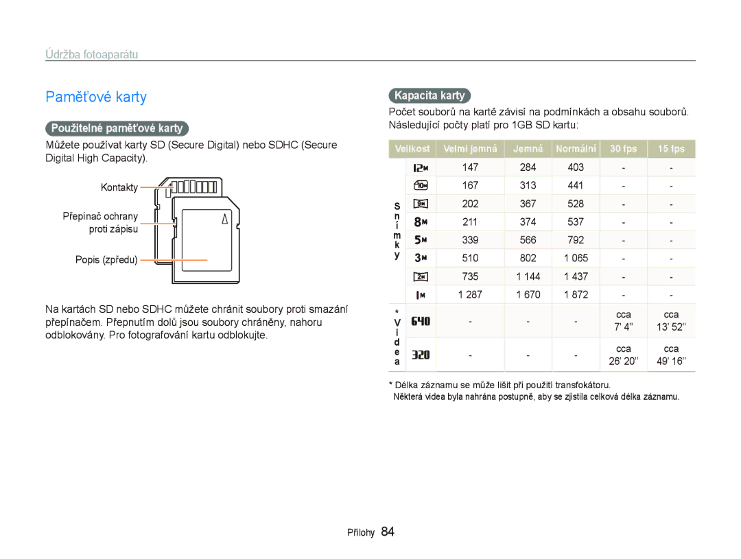 Samsung EC-PL100ZBPBE3, EC-PL100ZBPSE3 manual Paměťové karty, Použitelné paměťové karty, Kapacita karty 
