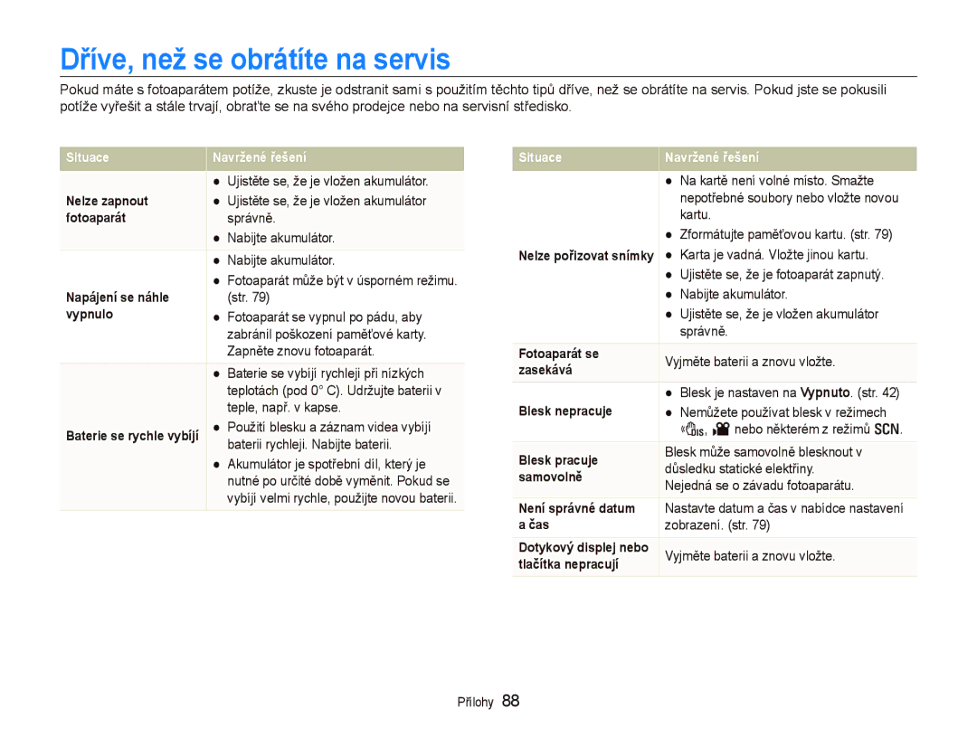 Samsung EC-PL100ZBPBE3, EC-PL100ZBPSE3 manual Dříve, než se obrátíte na servis 