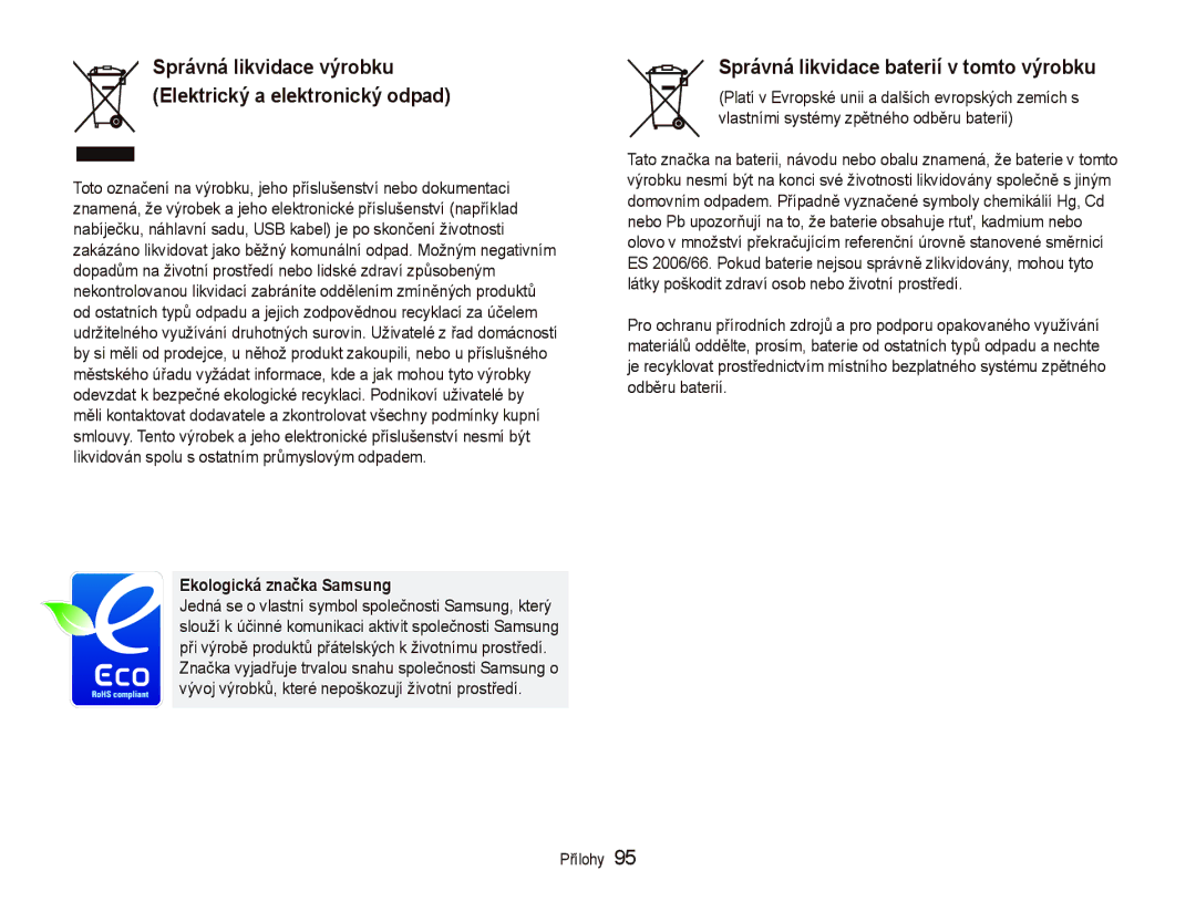 Samsung EC-PL100ZBPSE3 manual Správná likvidace výrobku Elektrický a elektronický odpad, Ekologická značka Samsung 