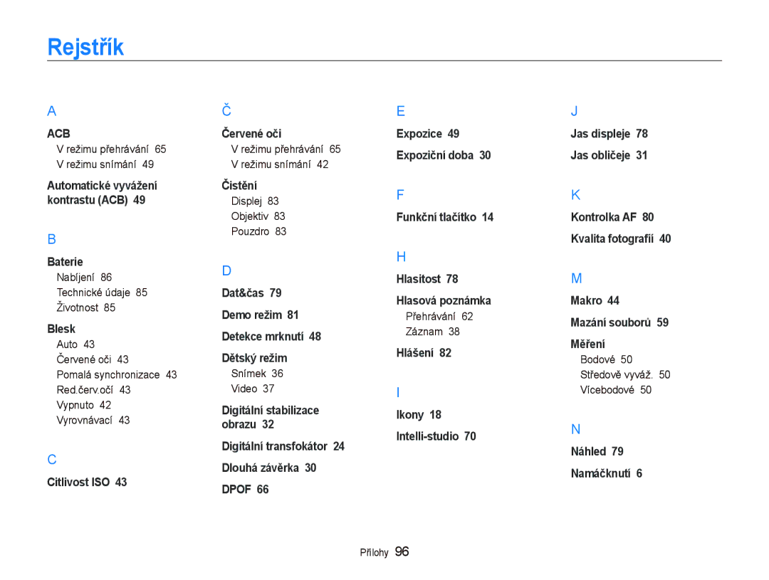 Samsung EC-PL100ZBPBE3, EC-PL100ZBPSE3 manual Rejstřík 