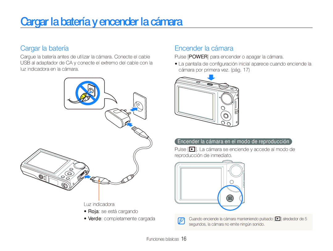 Samsung EC-PL101ZBDBE1, EC-PL101ZBDSE1, EC-PL100ZBPSE1 manual Cargar la batería y encender la cámara, Encender la cámara 