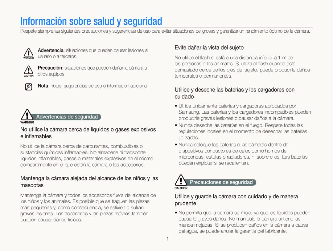 Samsung EC-PL100ZBPBZA manual Evite dañar la vista del sujeto, Utilice y deseche las baterías y los cargadores con cuidado 