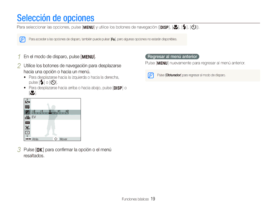 Samsung EC-PL100ZBPBZA, EC-PL101ZBDSE1 manual Selección de opciones, Pulse o para conﬁrmar la opción o el menú resaltados 