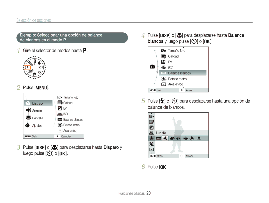 Samsung EC-PL100ZBPBGB, EC-PL101ZBDSE1 manual Selección de opciones, Gire el selector de modos hasta p Pulse m, Pulse o 