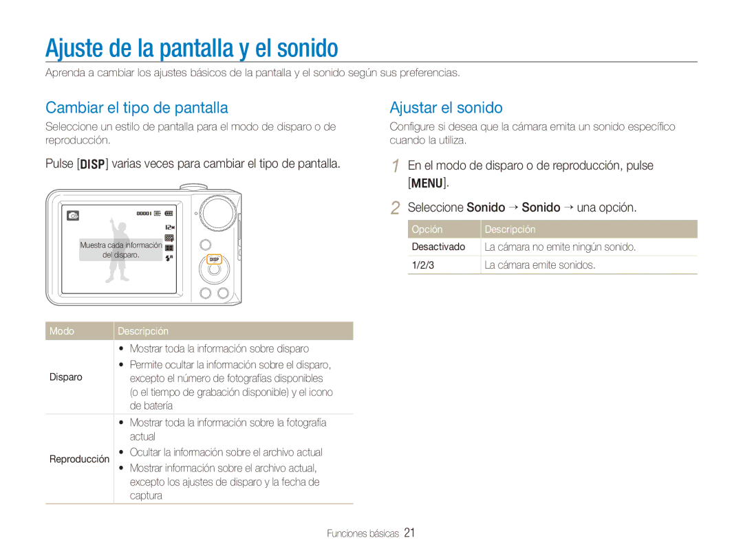 Samsung EC-PL100ZBPBE1, EC-PL101ZBDSE1 Ajuste de la pantalla y el sonido, Cambiar el tipo de pantalla, Ajustar el sonido 