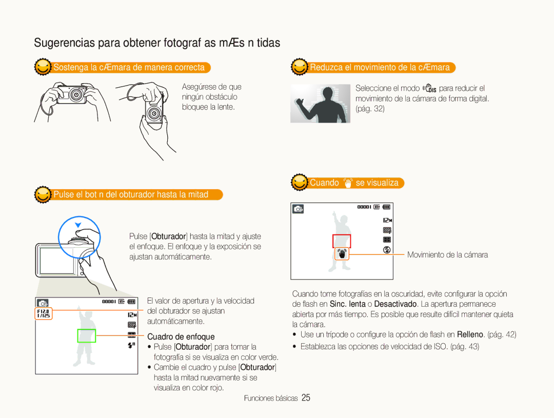 Samsung EC-PL100ZBPBZA, EC-PL101ZBDSE1 Sostenga la cámara de manera correcta, Pulse el botón del obturador hasta la mitad 