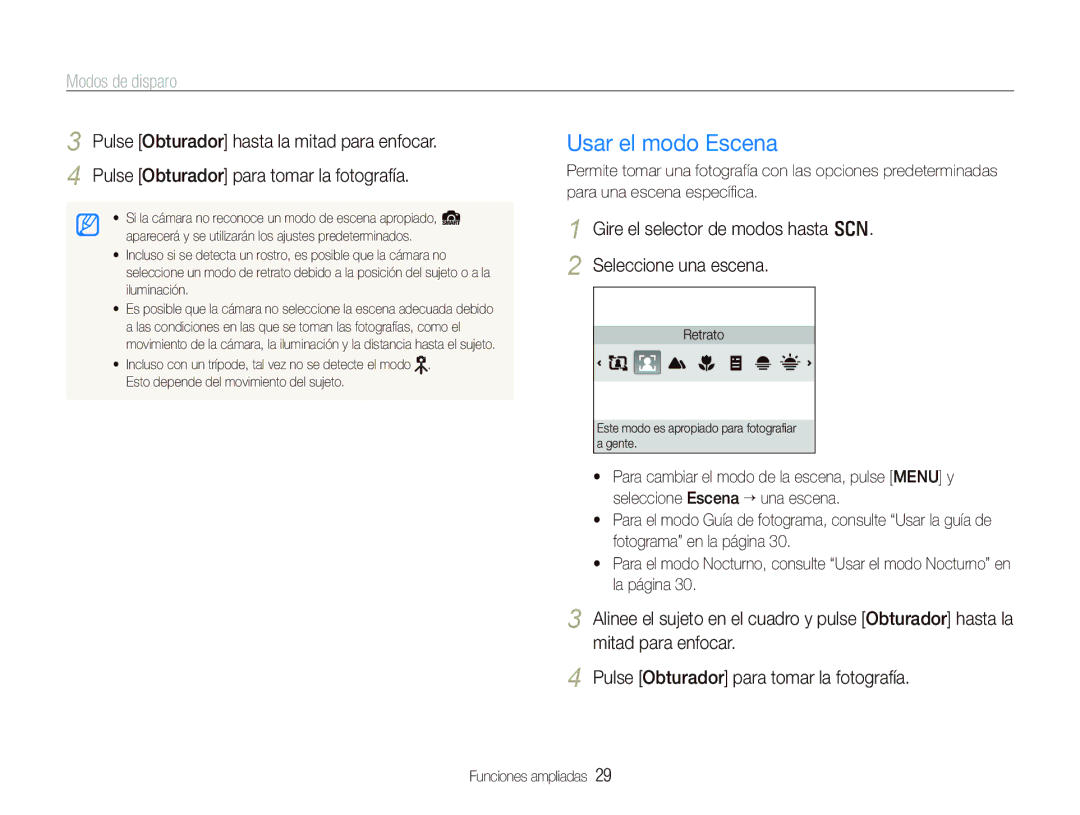 Samsung EC-PL101ZBDSE1 Usar el modo Escena, Modos de disparo, Gire el selector de modos hasta s Seleccione una escena 