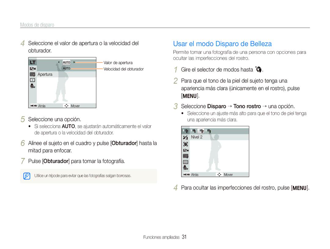 Samsung EC-PL100ZBPBZA, EC-PL101ZBDSE1, EC-PL100ZBPSE1 manual Usar el modo Disparo de Belleza, Seleccione una opción 