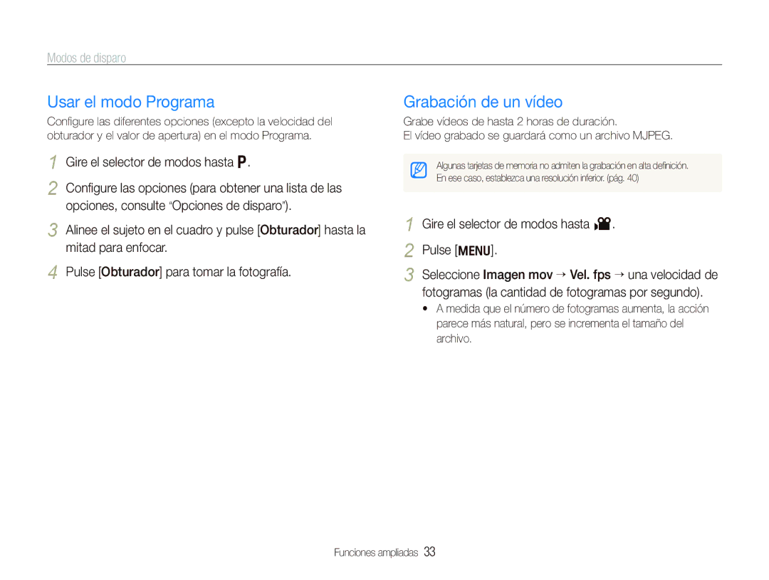 Samsung EC-PL100ZBPBE1 manual Usar el modo Programa, Grabación de un vídeo, Gire el selector de modos hasta Pulse m 