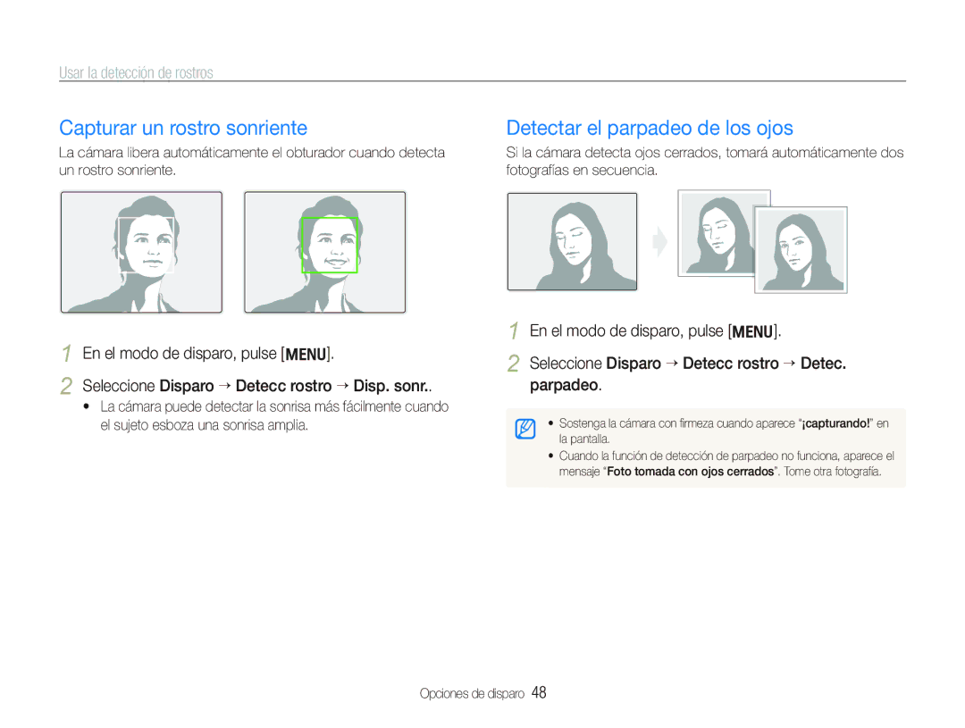 Samsung EC-PL100ZBPSE1 manual Capturar un rostro sonriente, Detectar el parpadeo de los ojos, Usar la detección de rostros 