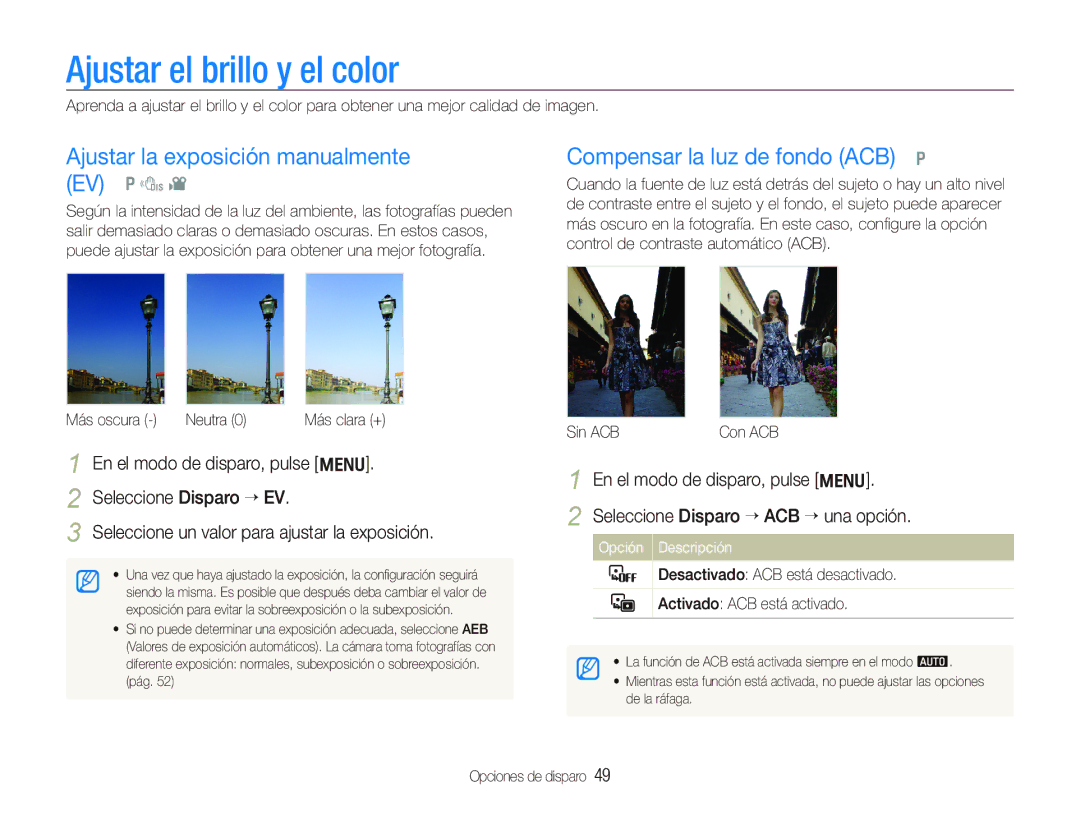 Samsung EC-PL100ZBPBZA, EC-PL101ZBDSE1 Ajustar el brillo y el color, Ajustar la exposición manualmente EV p d 