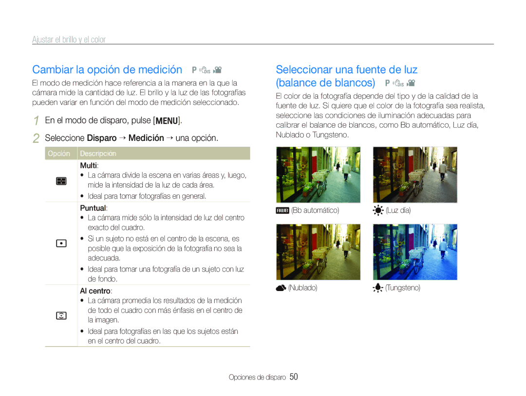 Samsung EC-PL100ZBPBGB Cambiar la opción de medición p d, Seleccionar una fuente de luz balance de blancos p d, Multi 