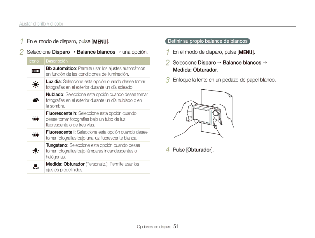 Samsung EC-PL100ZBPBE1, EC-PL101ZBDSE1, EC-PL100ZBPSE1 manual Deﬁnir su propio balance de blancos, Icono Descripción 