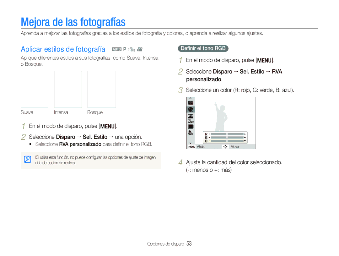 Samsung EC-PL101ZBDSE1, EC-PL100ZBPSE1 Mejora de las fotografías, Aplicar estilos de fotografía a p d, Deﬁnir el tono RGB 